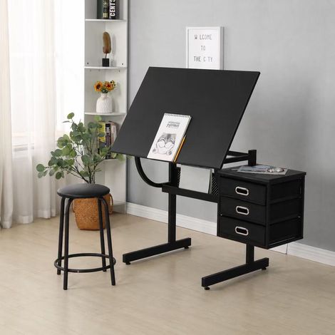 Table de dessin inclinable 116x60x75 cm en MDF et métal noir, avec rangement pour bureau FloraGrace (1/5)