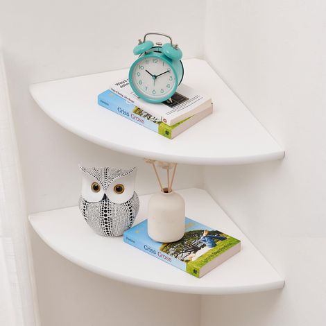Lot de 2 étagères d'angle flottantes en Bois de chêne Massif de 25cm avec Trou de Fil pour Chambre à Coucher, Cuisine, Salon Chêne Blanc (1/5)