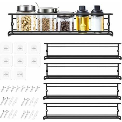 Étagère de rangement pour porte d'armoire de cuisine perforée à montage mural de cuisine Noir Lot de 4 (1/2)