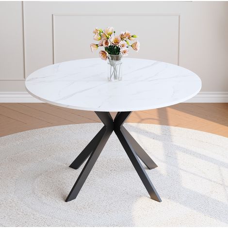 Table ronde MDF in Weißer Marmoroptik mit schwarzem Metall-X-Gestell, Ø110 cm (1/5)