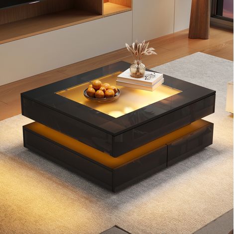 Table basse LED 70 x 70 x 35 cm avec 3 tiroirs, plateau en verre, noire DESVIAE (1/5)
