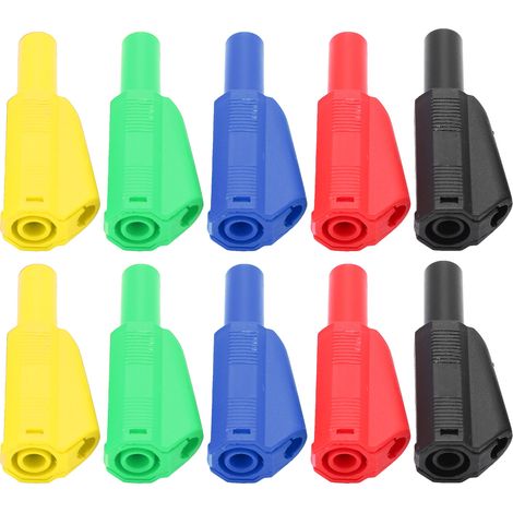 Deux jeux de fiches bananes isolées de type U29 de 4 mm (rouge/noir/jaune/vert/bleu), adaptées aux tests électriques.