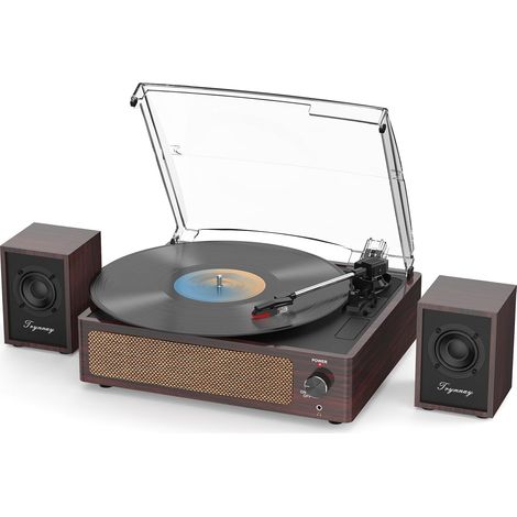 Platine vinyle avec haut-parleurs d'étagère passifs, platine Bluetooth pour disques vinyles, 3 vitesses, entrée AUX sans fil, prise casque et fonction d'arrêt automatique, rouge foncé (1/5)