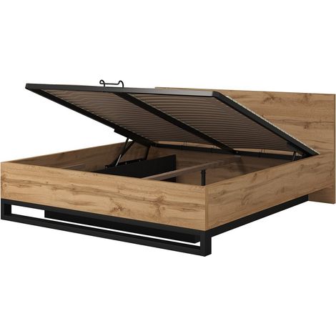 Bett mit Stauraum 180x200 im Industriestil - Kollektion MILOS. Farbe Roh-Eiche und Schwarz.