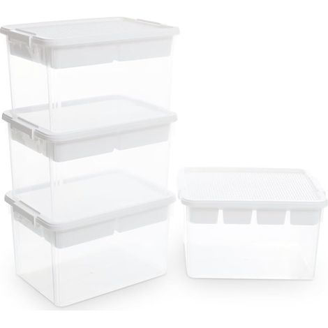 Lot de 4 Boîte de rangement, 30L Boîte à jouets, Transparent, Couvercle compatible avec des brique, Clips de Fermeture, 5 compartiments, Idéal pour jouets et petits objets (1/5)