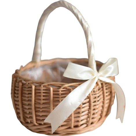 Panier de demoiselle d'honneur avec anse, panier en osier tressé, rangement pour bonbons et fleurs, blanc, pour la décoration de mariage et de fête. (1/5)