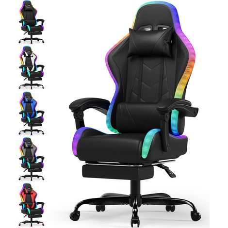 Chaise Gaming Ergonomique avec LED RGB , Massage Lombaire & Repose-Pieds – Fauteuil Gamer avec Appui-tête réglable – Dossier inclinable & Hauteur Ajustable –180kg-Noir