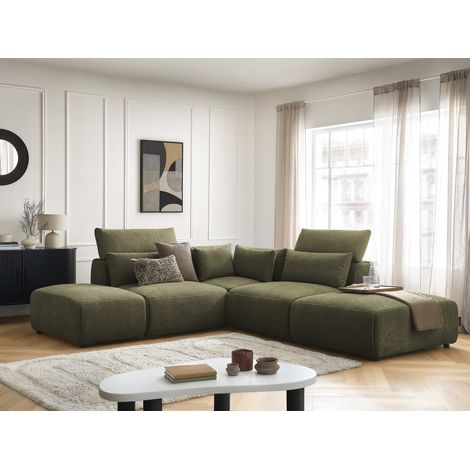 BOBOCHIC - Canapé d'angle fixe modulable avec têtières JANA tissu texturé avec 2 chauffeuses, 1 angle et 2 poufs Réversible  Vert