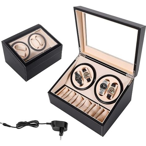 Automatische Uhrenbeweger Box, 4+6 Automatik Uhrenbeweger Uhrenbox Leise Uhrendreher Automatikuhren Watch Winder Box mit Klare Fenster und Kissen für Automatikuhren, Armbanduhr (Schwarz) (1/5)