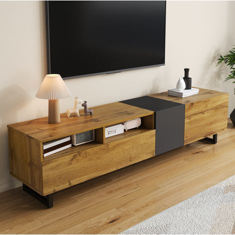 Meuble TV rangement salon 170 cm bois naturel gris fonce OKMYHOME (1/5)