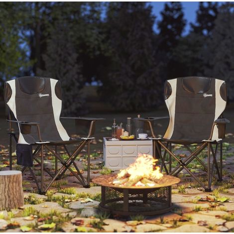 Chaise de camping pliante en métal noir avec accoudoirs réglables, têtière et porte-gobelet (1/5)