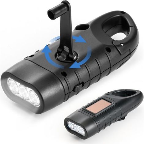 3-in-1-Handkurbel-Taschenlampe – Batterielos, selbstaufladend – LED-Clip – Notbeleuchtung für Camping (Schwarz)