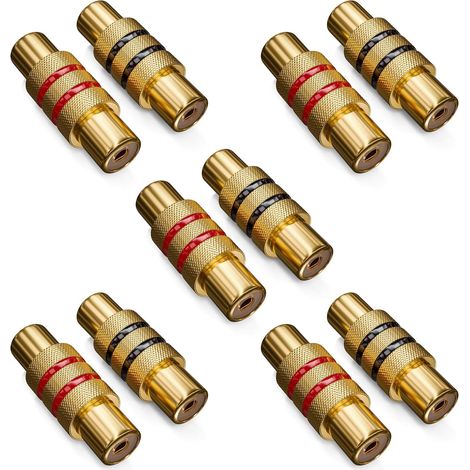 JSSEVN - Paquete de 10 adaptadores RCA a RCA - 5 negros + 5 rojos - Audio y vídeo - Conector hembra a hembra (1/5)