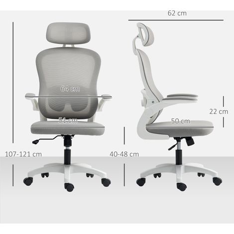 Chaise de bureau ergonomique avec dossier en maille, réglable en hauteur, accoudoirs rabattables, 5 roulettes, fonction bascule, grise (1/5)