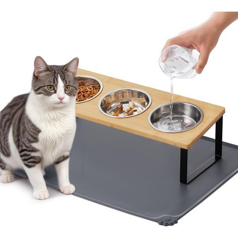 Verbesserter, erhöhter Katzennapf mit Futtermatte – Anti-Erbrechen-Napf, bis zu 15° neigbar – Geeignet für Katzen und Welpen – Enthält 3 Edelstahlnäpfe (1/5)