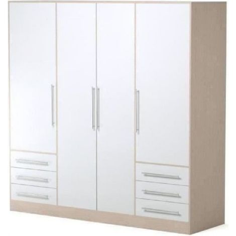 Armoire 4 portes battantes 6 tiroirs – Bois aggloméré chêne et blanc – L 206 x P 60 x H 200 cm – Rangement optimal avec 7 niches (1/5)