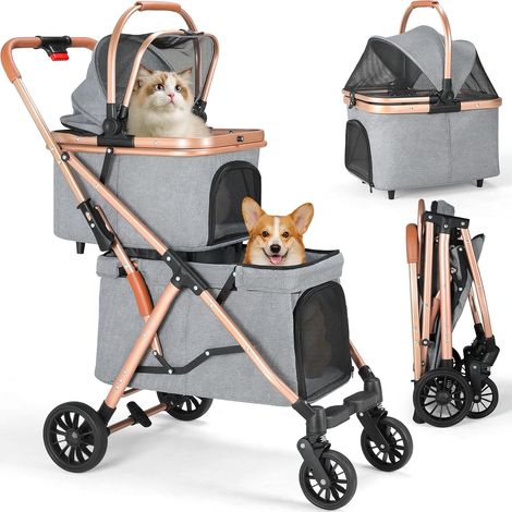 Pliable Poussette Double pour Chien,Transporteur pour Chats,Buggy pour chien,Boîte pour chien,Sac de transport, Gris (1/5)