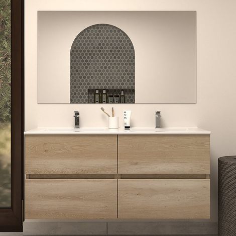 Meuble de salle de bain 140cm double vasque - 4 tiroirs - nebraska (chêne clair) - IDA
