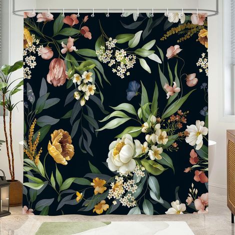 Cortina de ducha de 180x180 cm con estampado floral negro, poliéster repelente al agua, 12 ganchos incluidos, elegante decoración para el baño. (1/5)