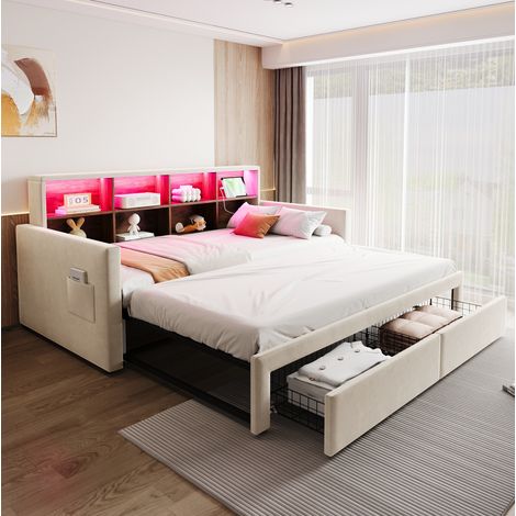 Canapé-lit en velours beige 90x190 cm extensible 180x190 cm, avec rangements, LED, prises et sommier à lattes (1/5)
