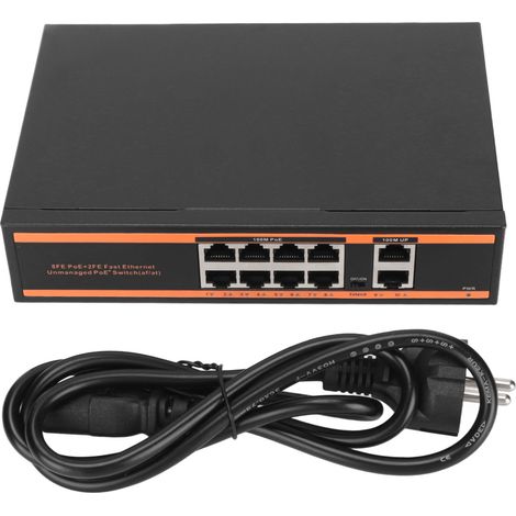 Commutateur PoE 10 ports, 8 ports PoE 100M + 2 ports RJ45 100M, conception sans ventilateur, plug and play, prise UE 100-240V, pour routeur. (1/5)