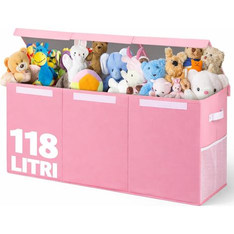 Boîtes de rangement pour enfants, boîte de rangement avec couvercle et 3 compartiments, porte-jeux de chambre pliable en TNT, boîtes de rangement capacité 118 litres, 91,5 x 32 x 40,5 cm (rose) (1/5)