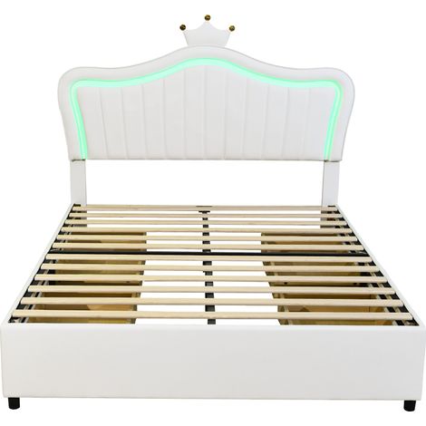 Lit rembourré pour enfant 140 x 200 cm, lit simple blanc avec tête de lit couronne en simili cuir PU, tiroirs de rangement, lumières LED, sommier à lattes et dossier (1/5)