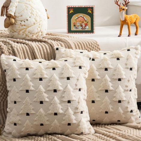 (Ensemble de 2 pièces) Housse de coussin beige de Noël, 40x40 cm, motif sapin de Noël, pour la décoration du canapé du salon. (1/5)