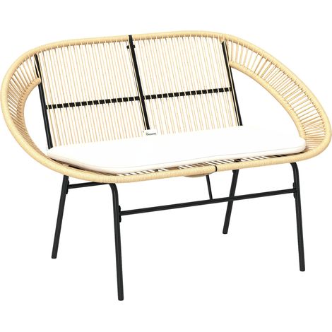 Banc de jardin 2 places kaki en acier style Acapulco, banc extérieur avec dossier et coussin, 126 x 72 x 83 cm (1/5)