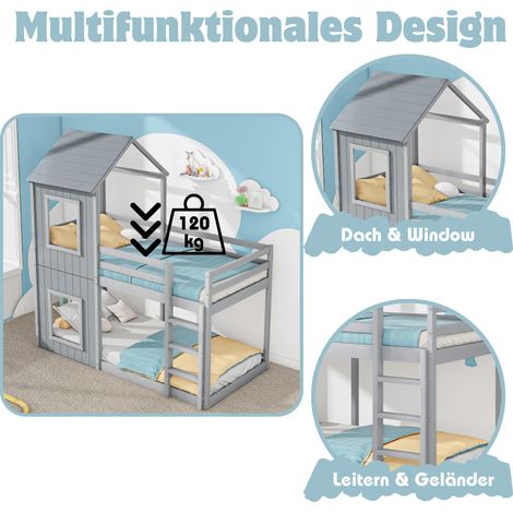 Lit superposé 90x200cm, lit maison enfant fille garçon, avec échelle et baldaquin, surélevé, bois massif, gris (1/5)