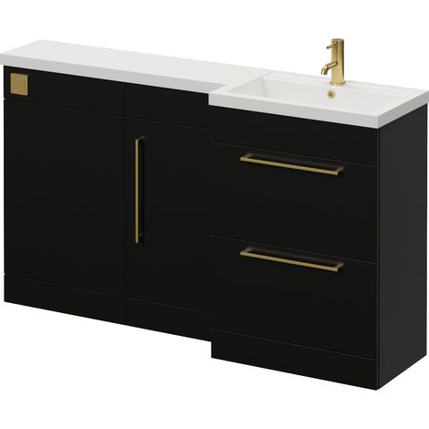 Napoli 390 Matt Black 1500mm 2 Drawer Vanity Unit Toilet Suite with Right Hand Square Lucia Basin - 1500mm - Brushed Brass 320mm HandleWithout Kingston Toilet Pan