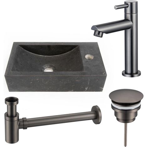 Saniclass Fuente ensemble fontaine - 40x22 - 1 trou de robinet - droite - pierre naturelle - robinet fontaine Gunmetal PVD brossé - foncé