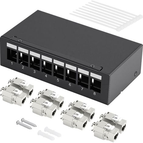 Patch Panel Kit 8 Ports, RJ45 CAT 7 Patch Panel with 8xRJ45 Keystone Jack Modules, 10Gbps Wall Patch Panels Compatible with CAT6 CAT6a CAT7 LAN Network Laying Cable (1/5)
