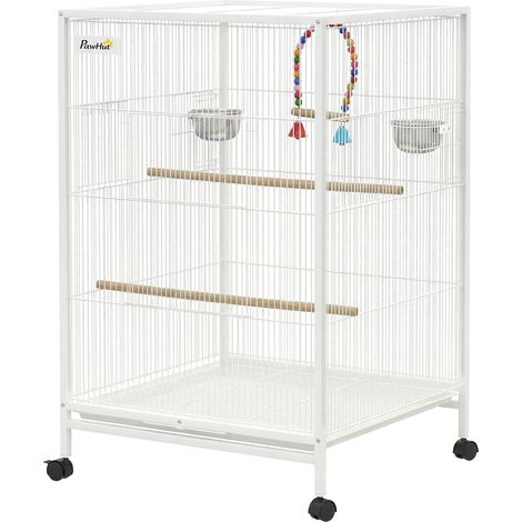Cage à oiseaux à roulettes avec mangeoires, perchoirs, balançoire et plateau amovible 48 x 46 x 78 cm Blanc (1/5)