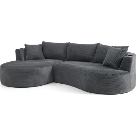 Sofá de 3 plazas en forma de arco con chaise longue izquierda, tejido de pana suave, gris (1/4)
