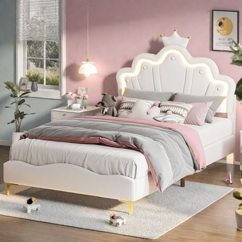 Cama capitonada, Cama doble 140x190 cm, Cama infantil 140x190, Cama para niña con LED y cabecera en forma de corona, Altura ajustable (1/5)