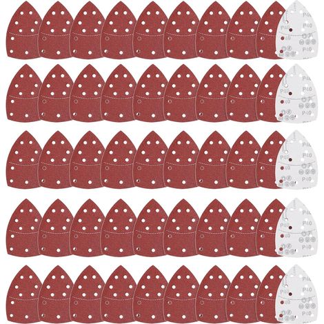 50 Feuilles abrasives, Grain 40 à 240, 11 trous, Pour ponceuse triangulaire, Bois Métal Plastique (1/5)