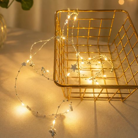 Guirlande lumineuse à perles avec étoiles dorées 2 m 20 LED Fonctionne avec piles, lumière blanche chaude, fil argenté
