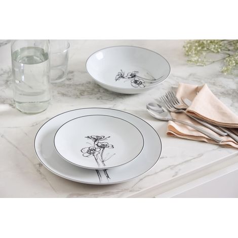 Service de Table en Porcelaine de 18 pièces pour 6 Personnes - Assiettes Plates, Assiettes Creuses, Assiettes à Dessert - Décor THE FLORAL, Blanc (1/3)