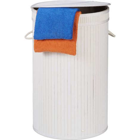 3x Cesto Ropa Sucia con Tapa, Cubo Colada Plegable, Redondo, Bambú, 65 Litros,  Ø 40 cm, Blanco