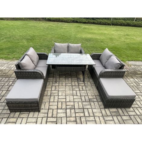 Fimous Ensemble de meubles de jardin en rotin  avec Table à manger rectangulaire 2 Grands Tabourets 8 places Gris foncé mélangé (1/5)