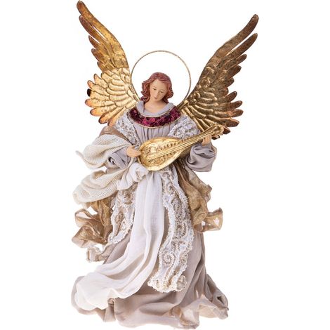 Angelo in tessuto per natività con Mandolino Beige ed Oro presepe natalizio da 36 cm (1/3)