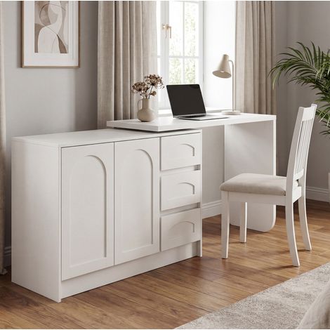 Escritorio giratorio 360° de MDF blanco, 110-170 x 40 x 75 cm, con 3 cajones y armario (1/5)