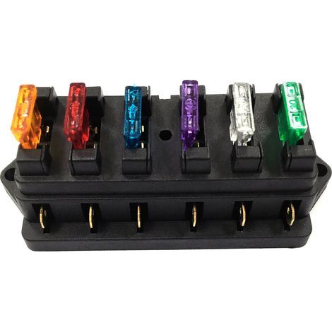 Bloque de fusibles de cuchilla de 6 vías para circuitos automotrices de vehículos con 6 fusibles estándar. (1/5)