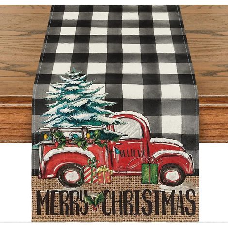 Chemin de table sapin de Noël, décoration de table de cuisine/salle à manger avec camions de Noël, 33 x 183 cm - Noir et blanc (1/5)