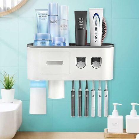 Wall-mounted toothbrush holder with 2 automatic toothbrush dispensers for bathroom and toilet. 6 toothbrush holders. Magnetic cups (grey, 2 cups) (1/5)