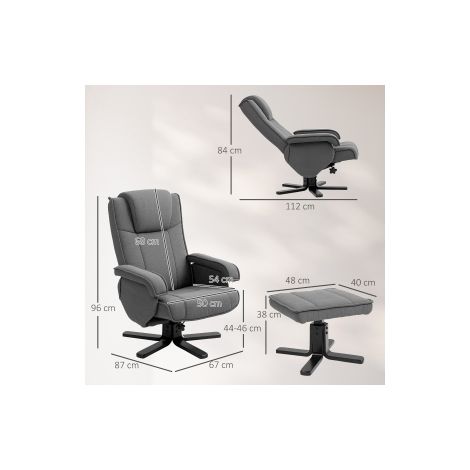 Fauteuil relax gris foncé avec pouf, aspect velours, dossier réglable, rotation 360 (1/5)
