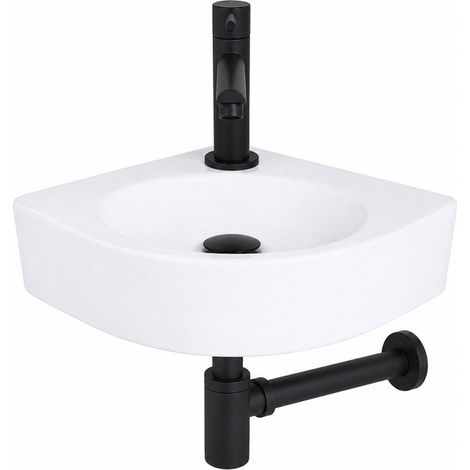 QeramiQ Fuente Pack Lave-mains d'angle - 30x30x10cm - 1 trou de robinet - céramique - robinet Noir mat - Blanc (1/5)