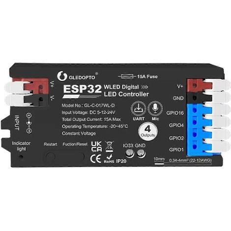 ESP32 WLED-Controller mit 4 Ausgängen, Sicherung, Mikrofon und Schwarzlicht (1/5)