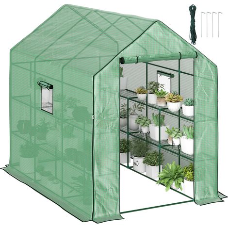 Outsunny Walk-in Greenhouse with 3 Tier 12 Shelves, Small Greenhouse with Reinforced PE Cover, Garden Plant Growhouse with Roll-up Door and Three Mesh Windows, 140 x 213 x 190 cm, Green
